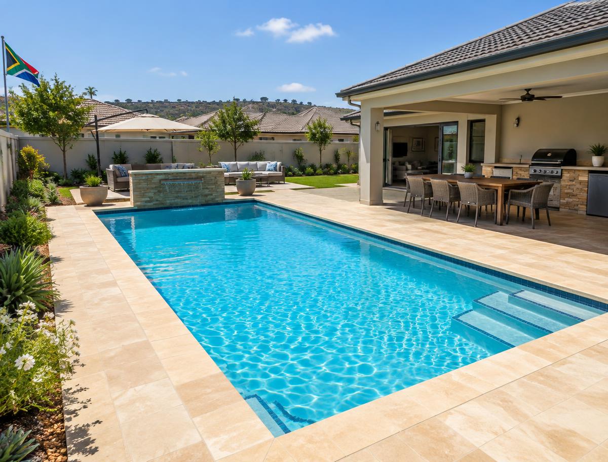 Pool with sandstone paving